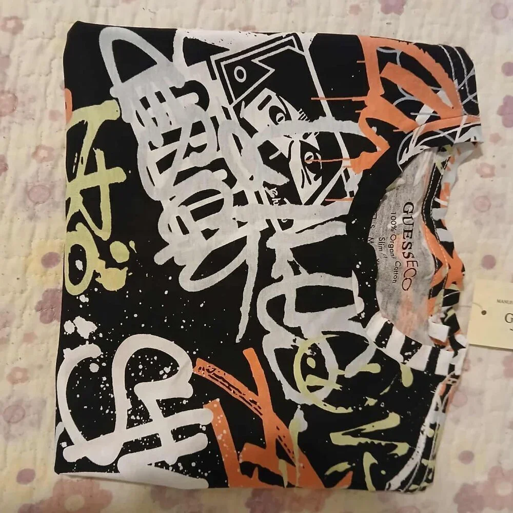 New T-shirt GUESS ECO Black color with stripes slim fit.